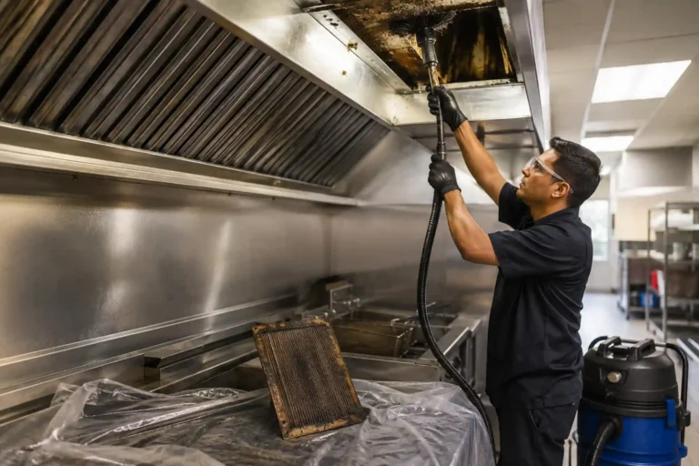 Technician cleaning grease buildup from a commercial cloud kitchen exhaust duct using professional duct-cleaning equipment.