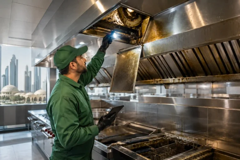 Professional technician in green uniform inspecting and cleaning a grease-filled commercial kitchen exhaust duct after heavy frying in Abu Dhabi.