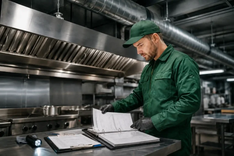 Commercial kitchen duct cleaning technician in green uniform reviewing maintenance and cleaning records beside a stainless-steel extraction system.