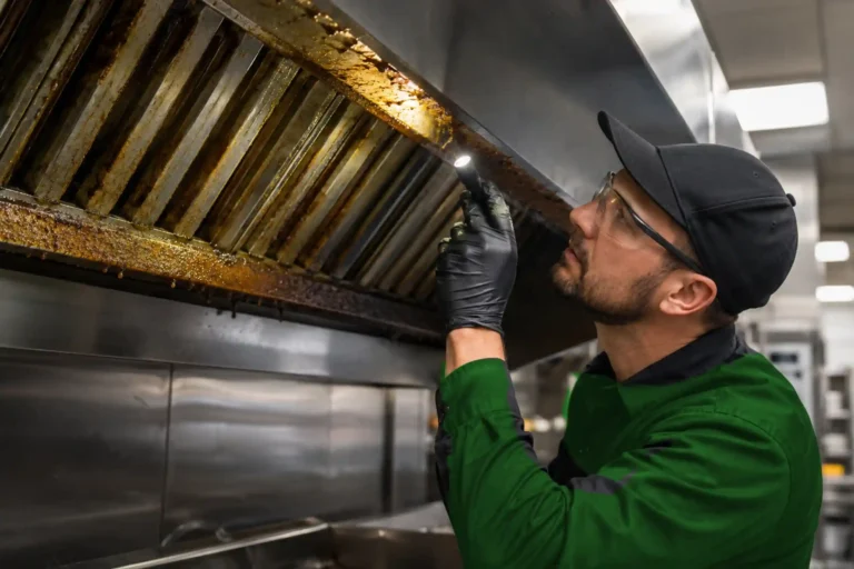 Technician inspecting grease buildup inside a commercial kitchen hood, showing signs the kitchen hood needs cleaning.